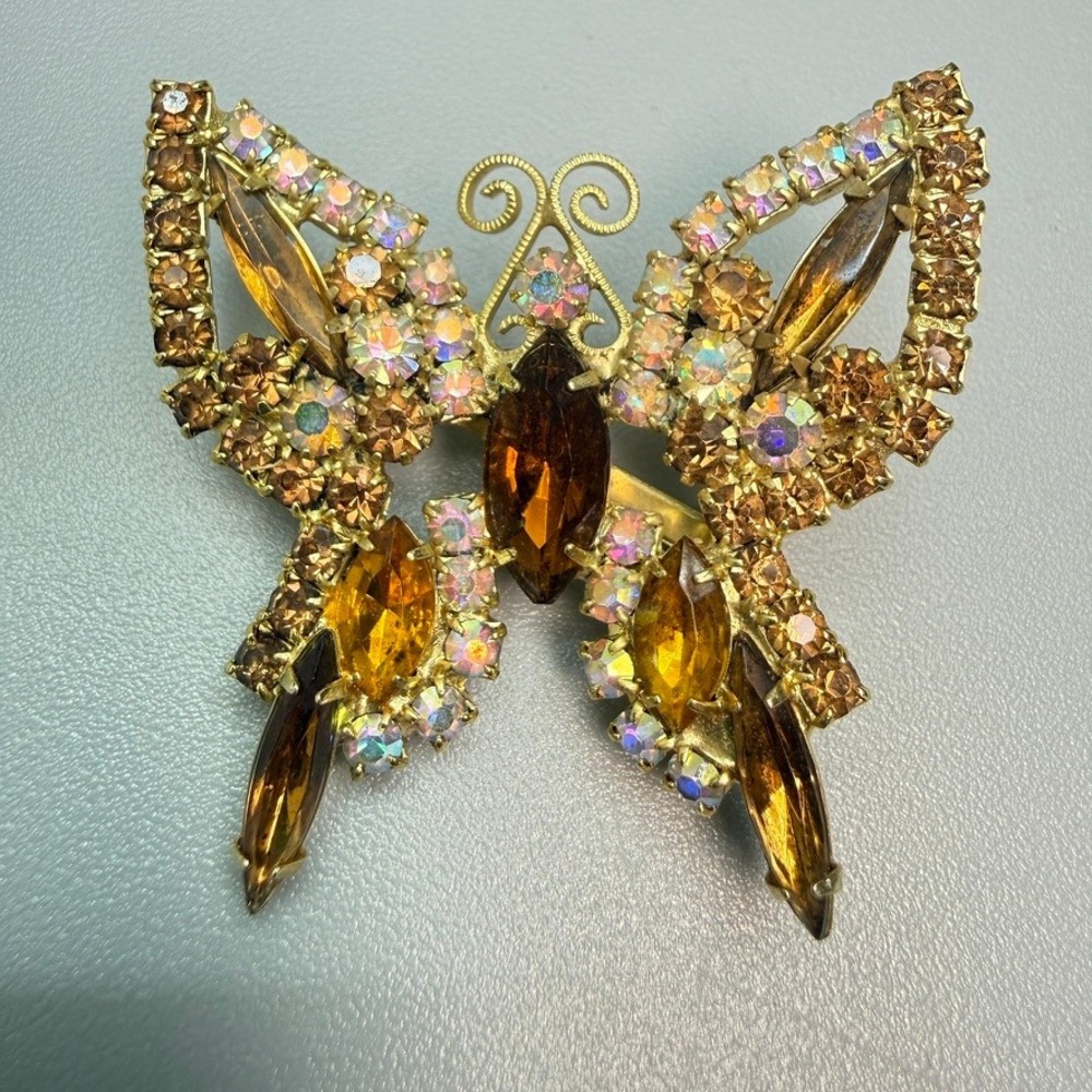 Vintage Gold Tone AB Rhinestone Butterfly Brooch Brown Orange Fairy Statement